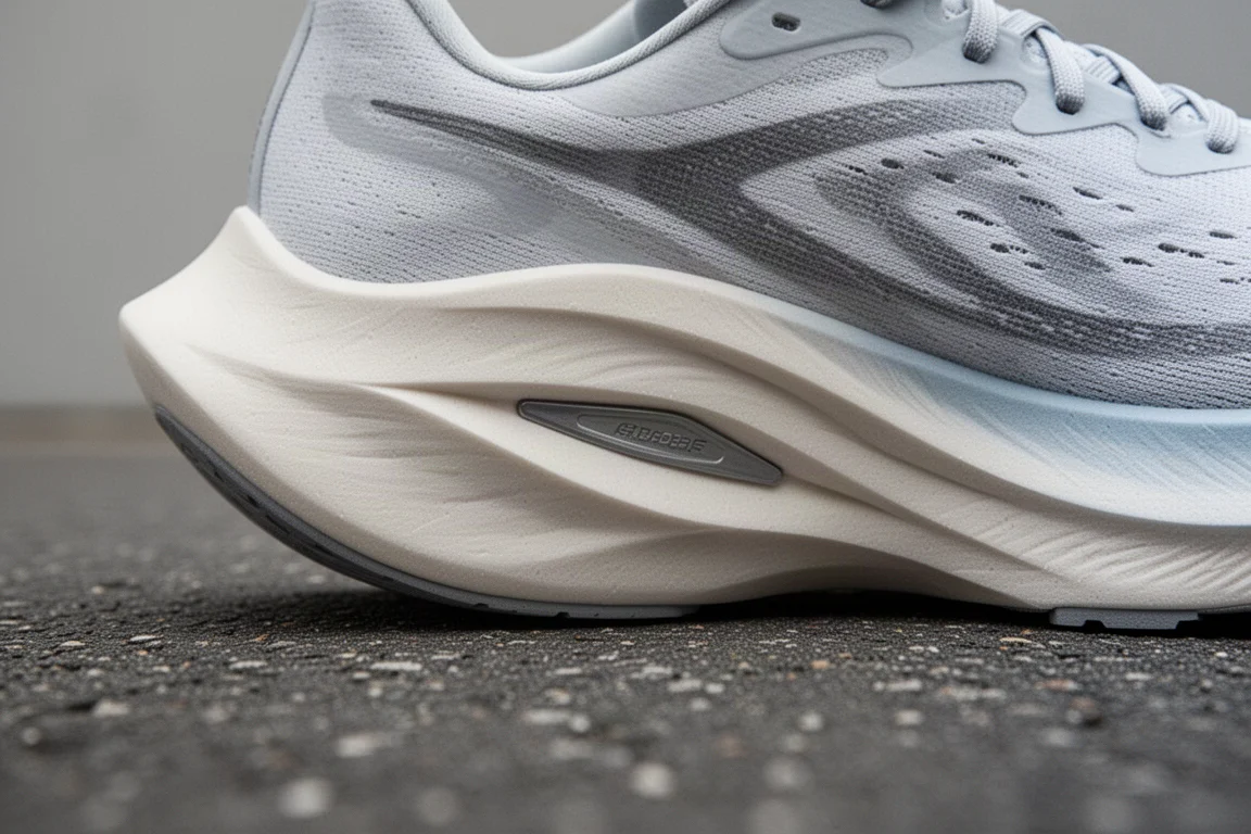 Close-up van de tussenzool van een raceschoen met foam-stack en carbon plate