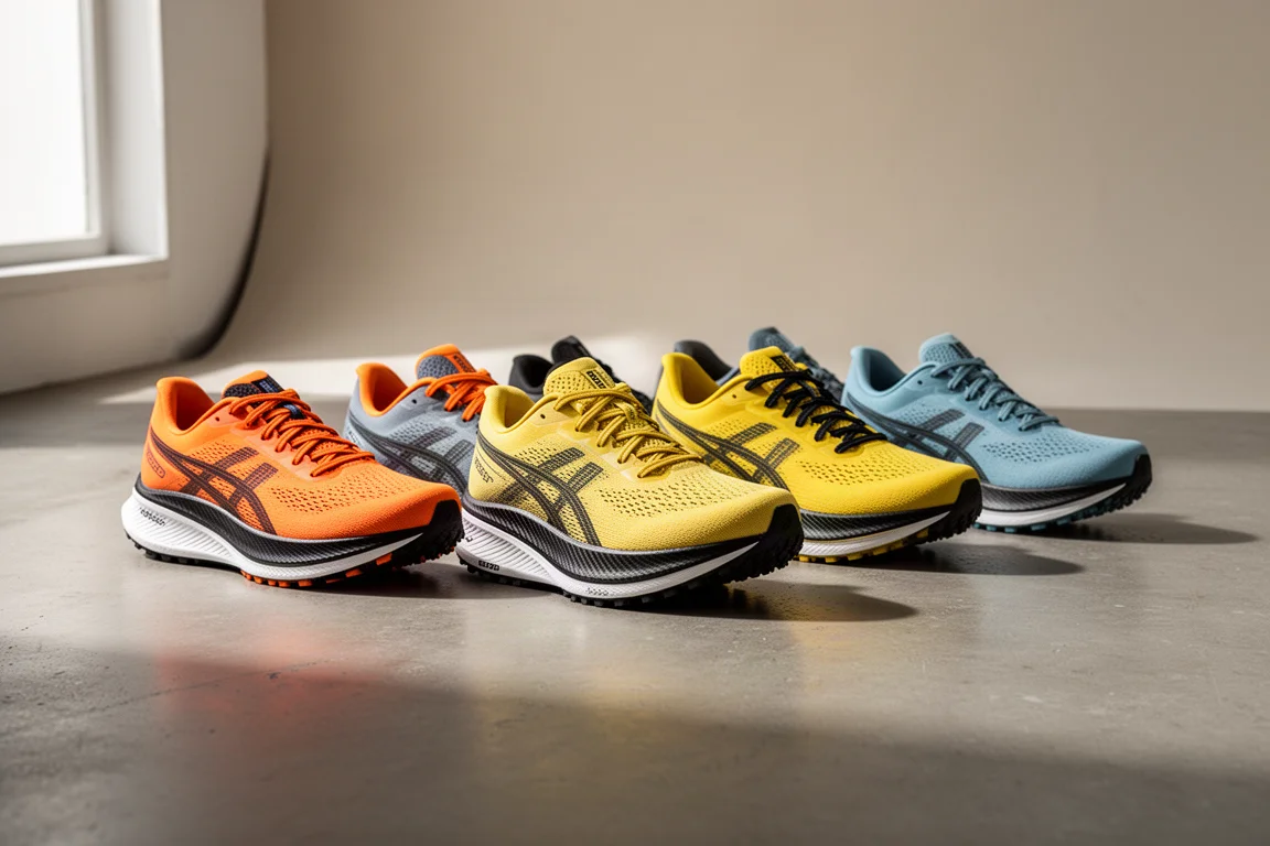 Six modern carbon plate racing shoes lined up on a concrete studio floor