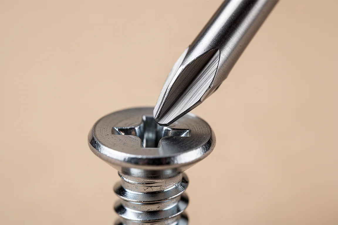 Close-up da ponta de uma chave Phillips engrenando em uma cabeça de parafuso