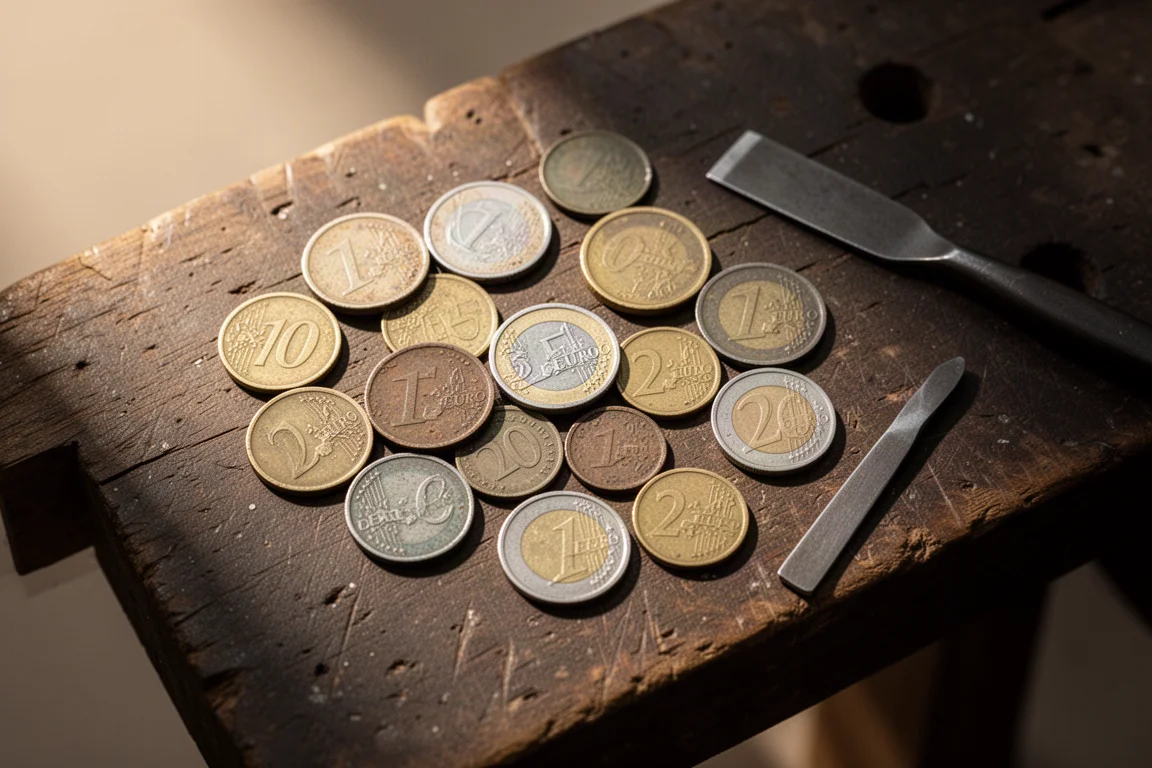 Monedas europeas antiguas variadas sobre un banco de trabajo junto a un pequeño destornillador