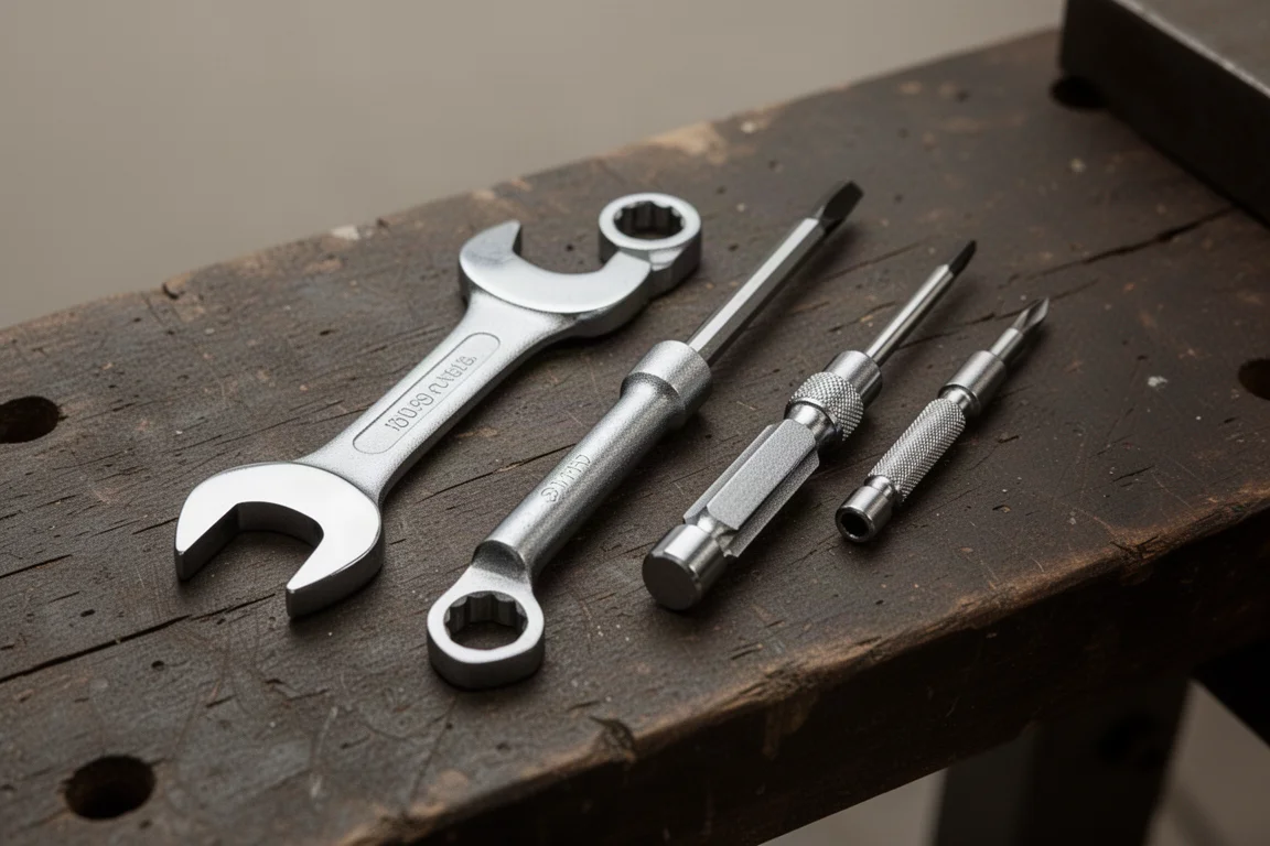 Colección de herramientas de mano cortas, incluida una llave stubby grande, sobre un banco de trabajo