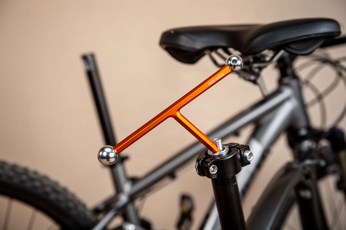 Ball-end inbussleutel in een bout onder een steile hoek nabij een fietsframe