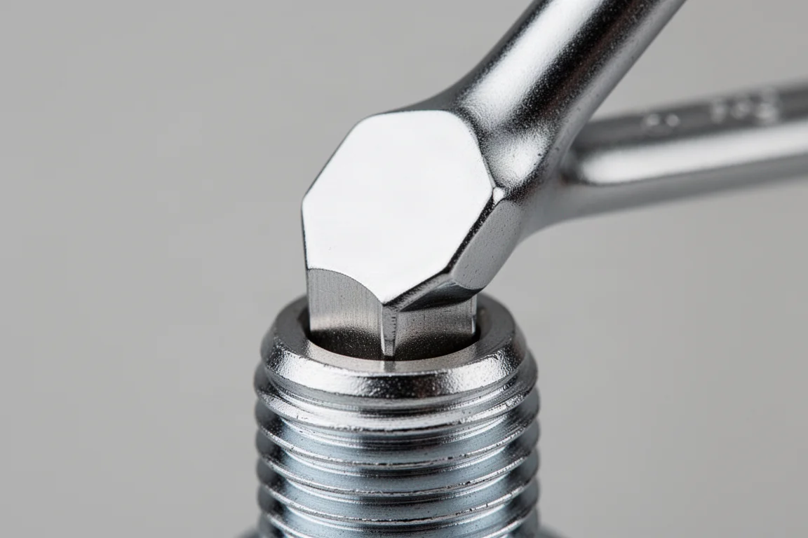 Close-up van een precisie-inbussleutelpunt die strak in een aluminium bout past