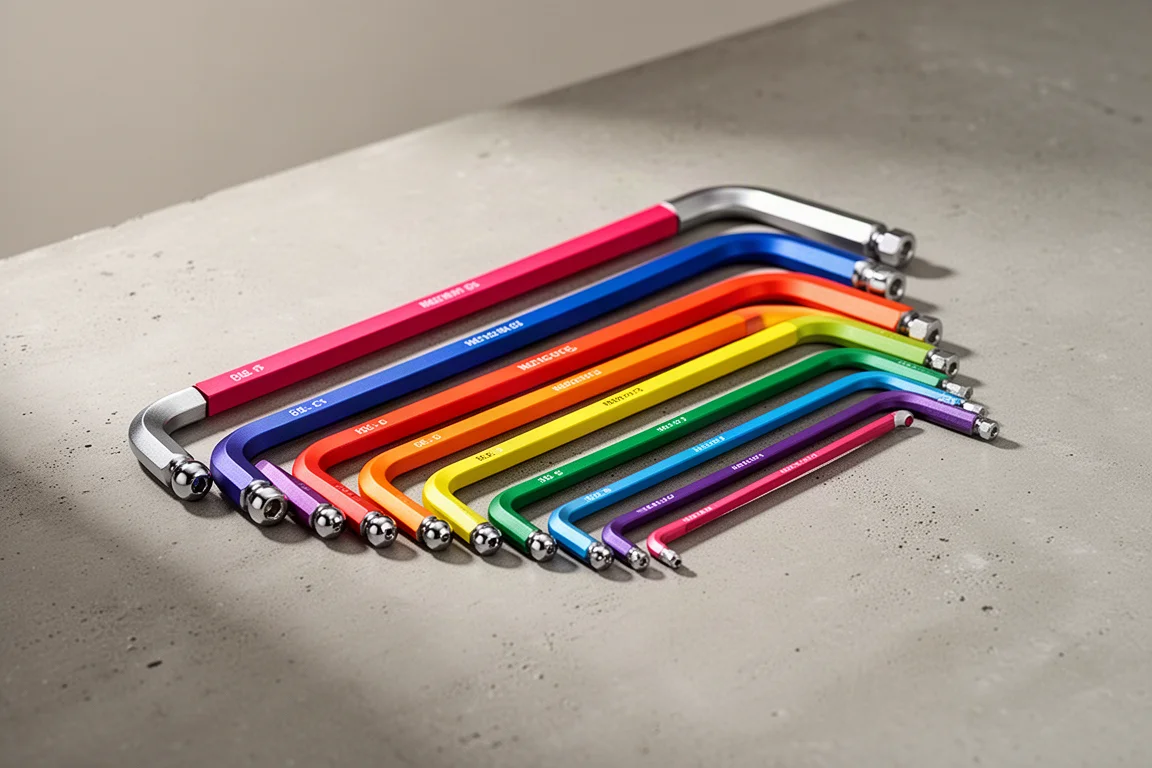 Set of colorful long ball-end hex wrenches fanned on a concrete surface
