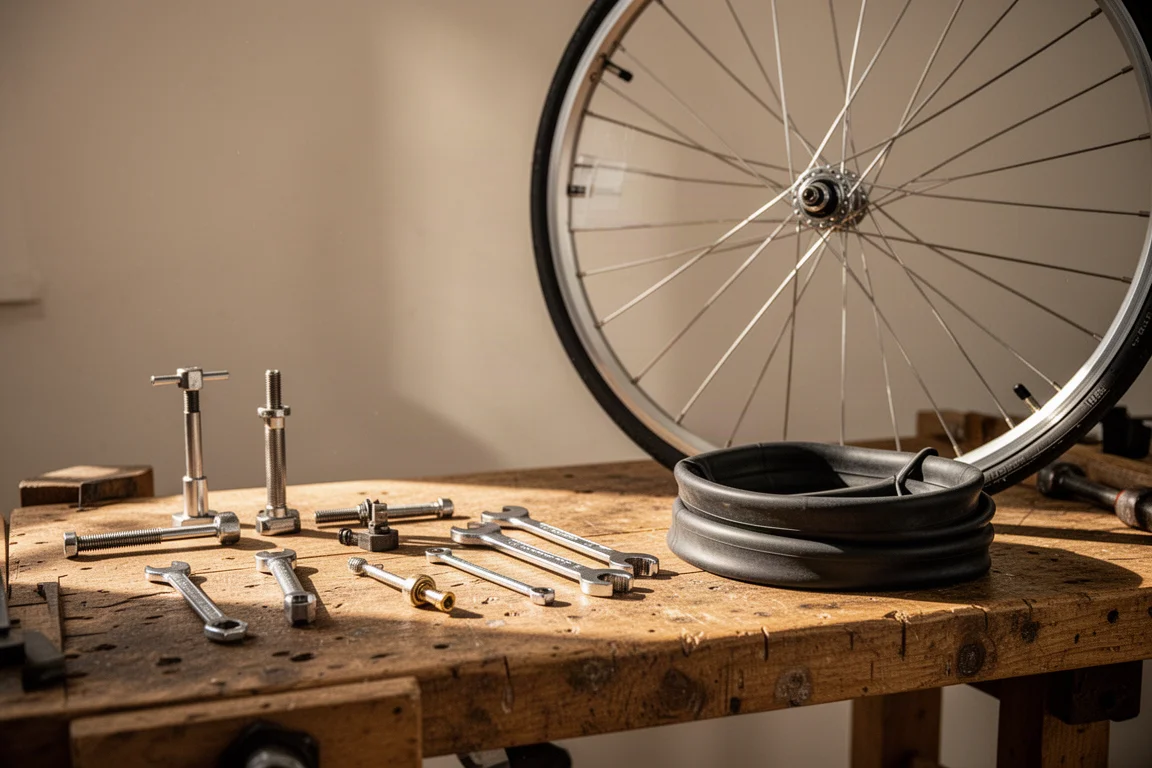Bike tools laid out on a wooden workbench next to a bicycle wheel