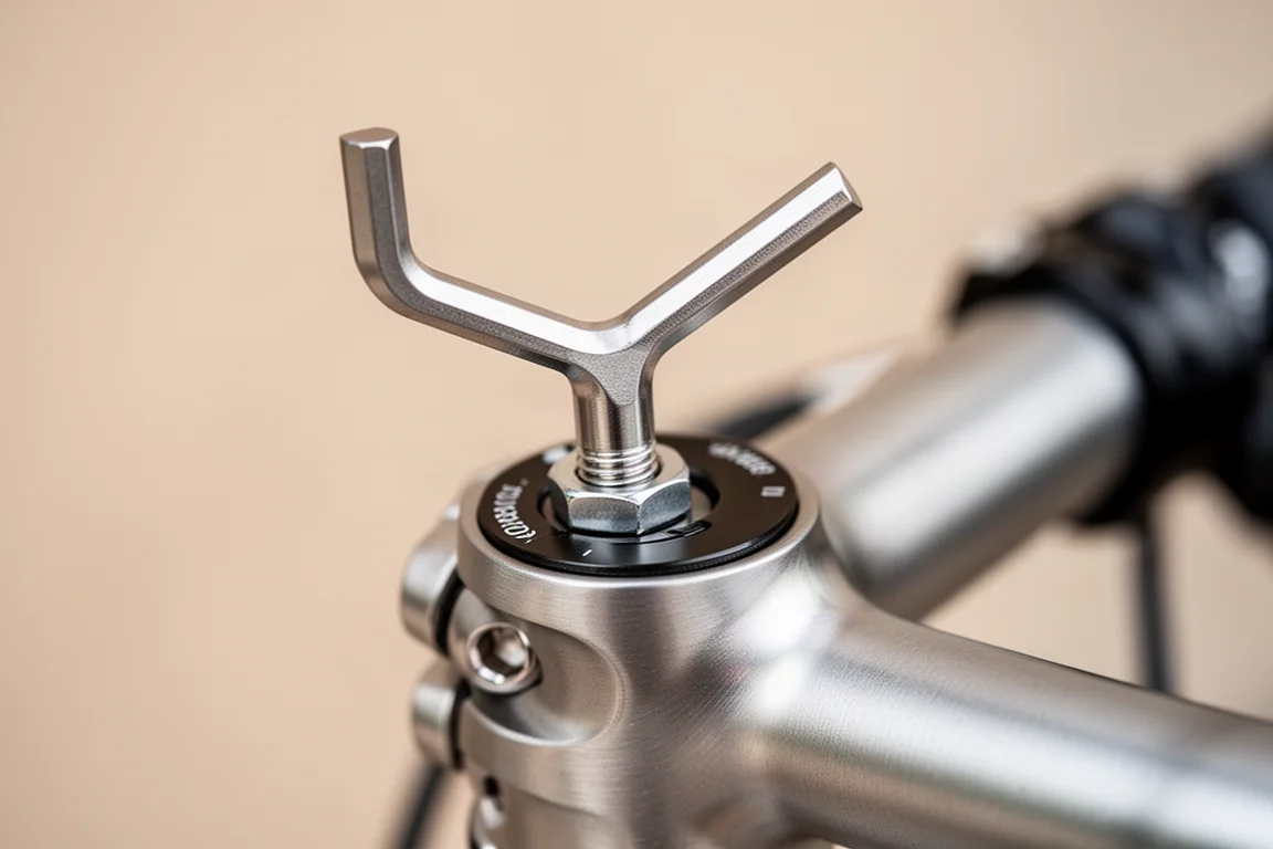 Close-up of a hex wrench seated in a bicycle component bolt