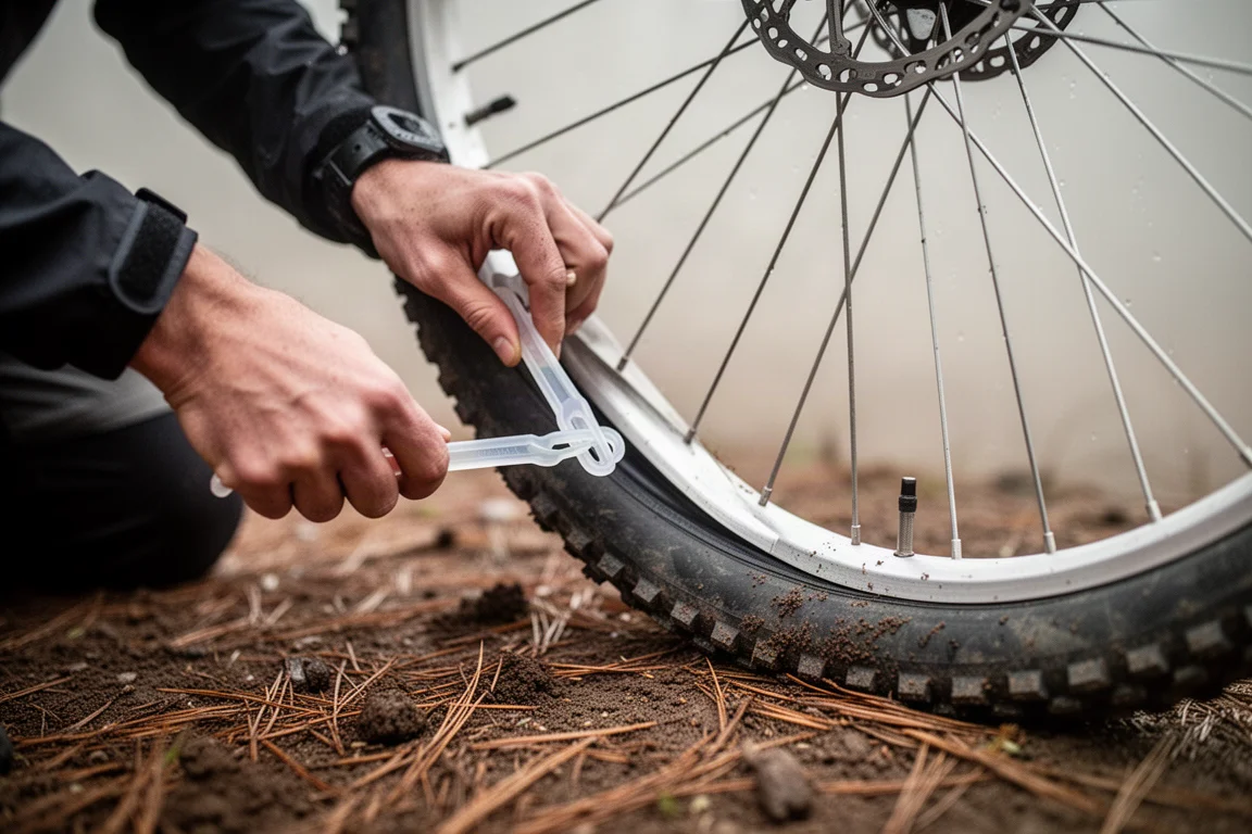 Tire iron levering a mountain bike tire bead off a rim during a roadside repair