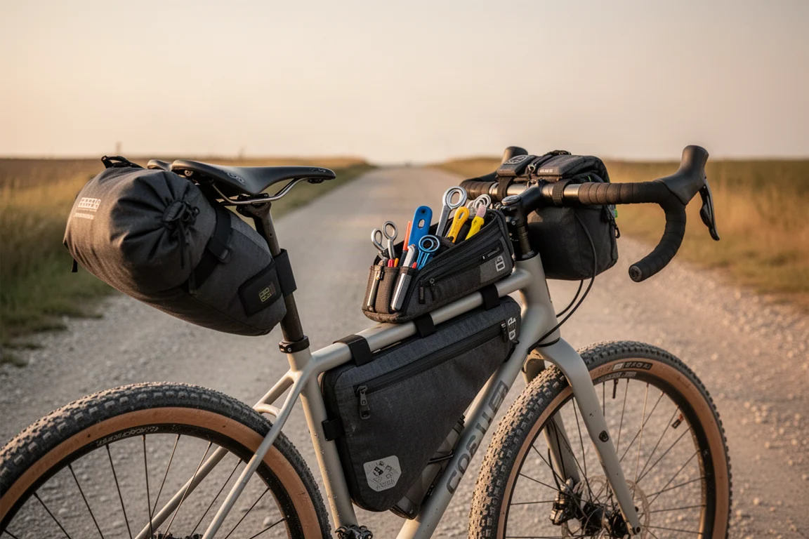 Compact tool kit packed inside a bikepacking bag on a gravel road
