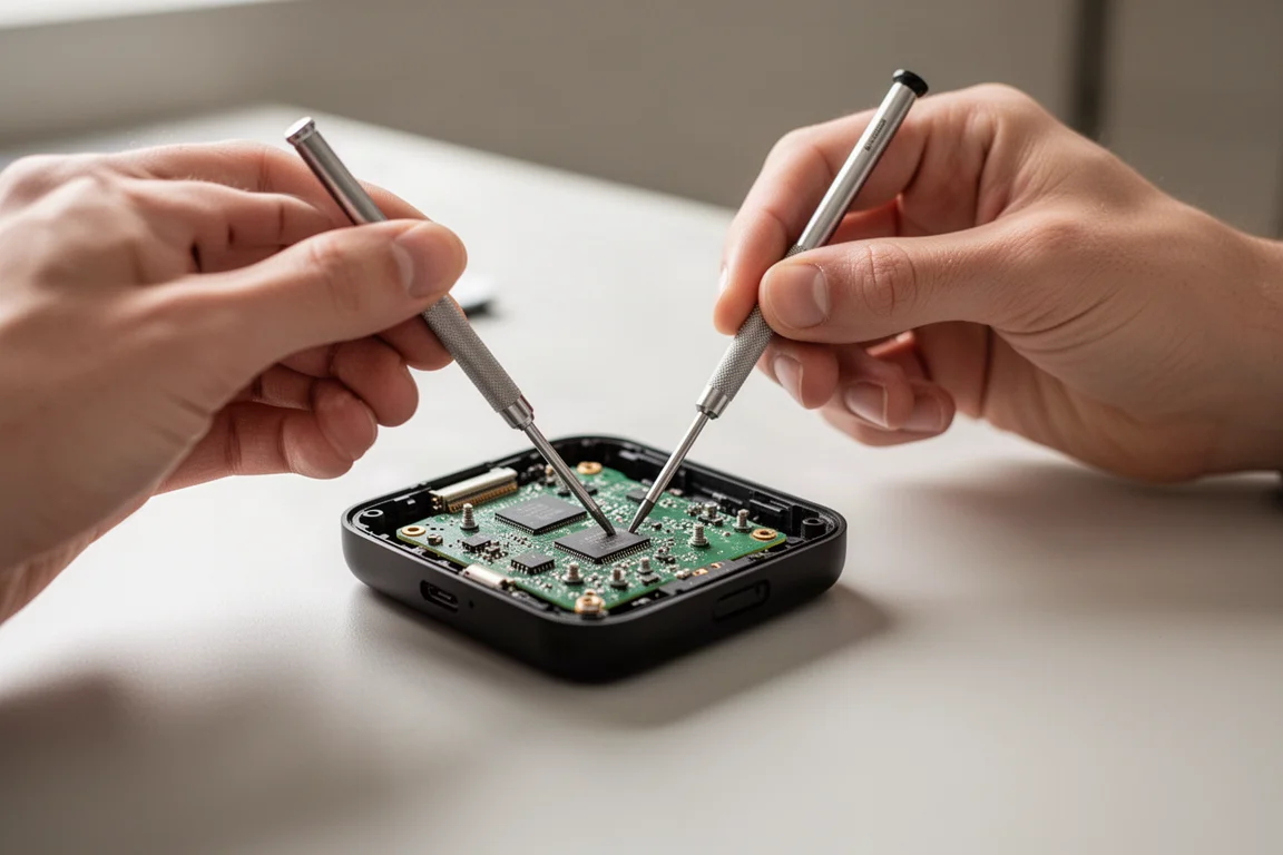 Person montiert ein kleines elektronisches Gerät mit einem Präzisions-Schraubendreher