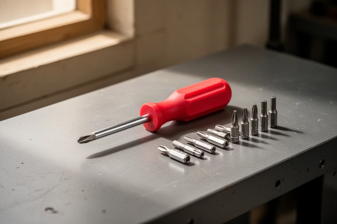 Compact red-handled stubby screwdriver lying on a workshop bench beside its bits