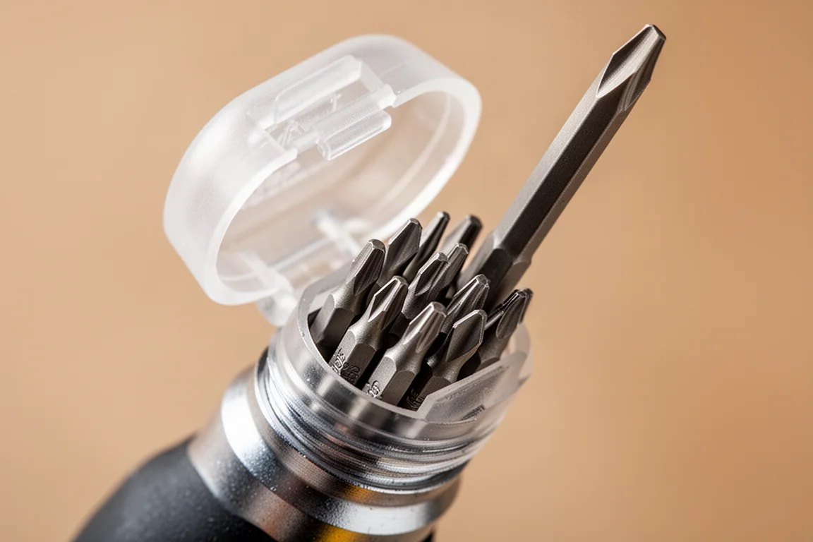 Translucent cap opened to reveal a set of small screwdriver bits inside