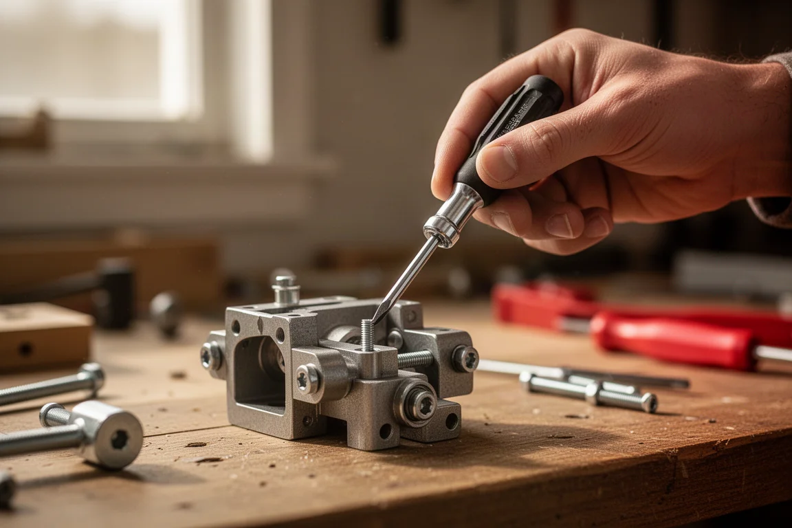 Stubby screwdriver in use turning a screw on a small mechanical assembly