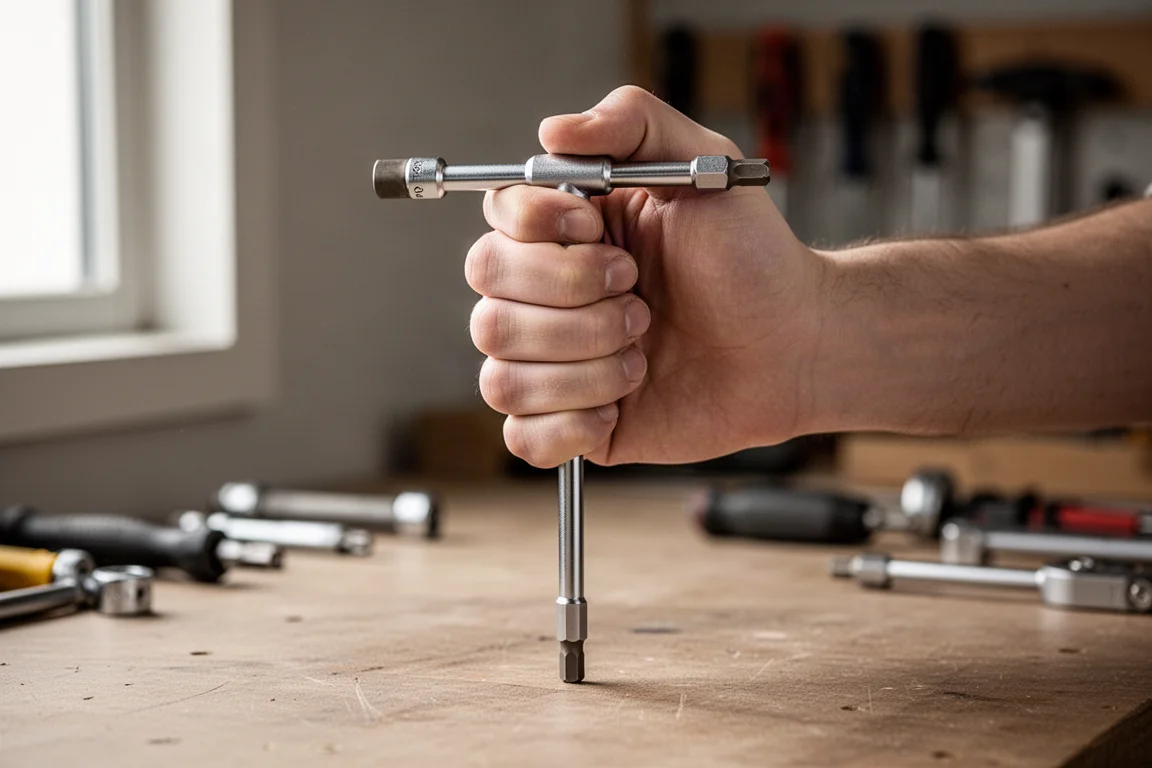 Hand gripping a T-handle bit driver in a centered position on a workbench