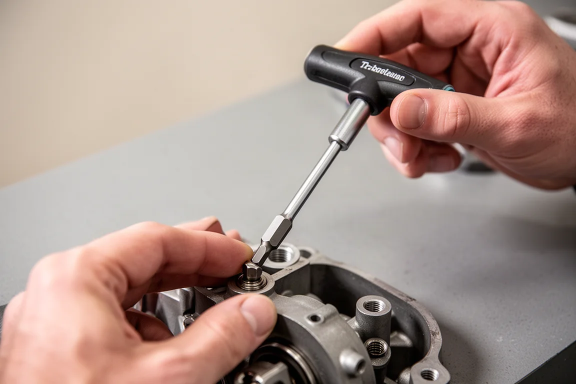 T-handle driver turning a screw in a tight workspace with a short grip