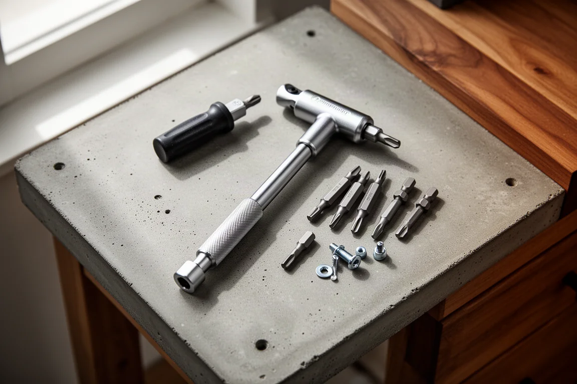 T-handle bit driver laid on a workbench beside a small array of screws and bits