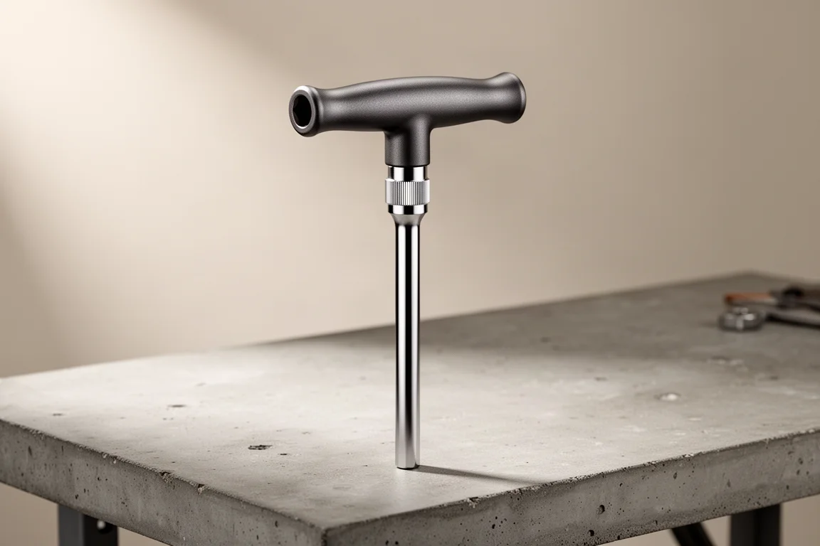 Rozkręcany bit driver PB Swiss w formie T-handle stojący pionowo na betonowym warsztacie
