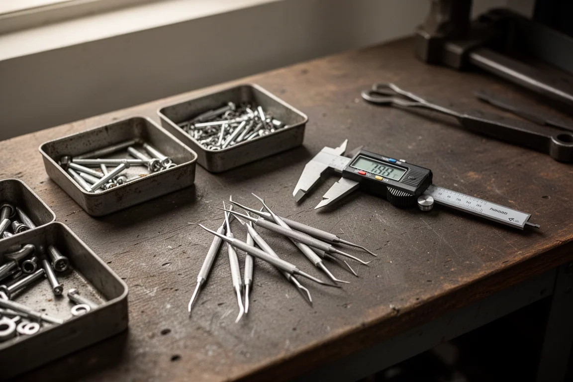 Precision pick tools laid out on a workbench with parts trays