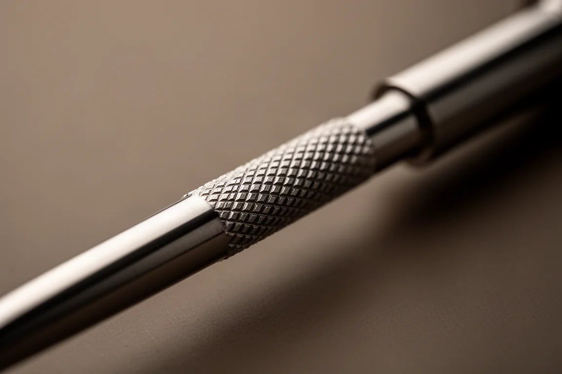 Close-up of knurled steel shaft on a precision pick tool