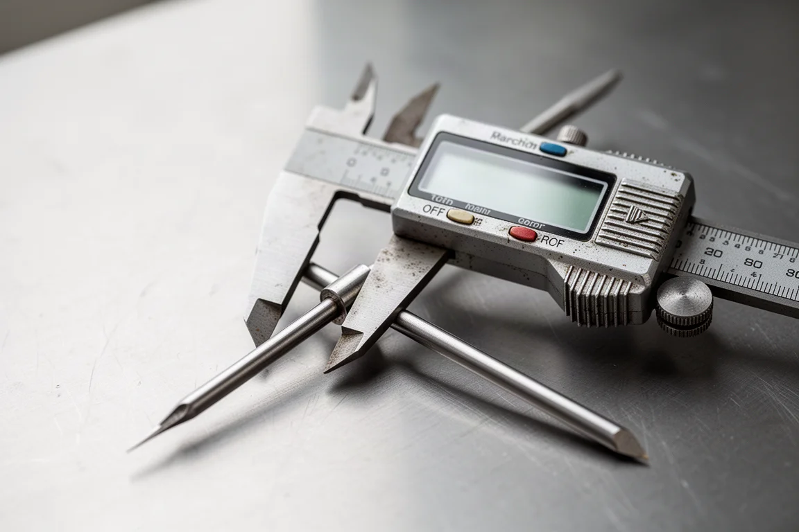 Digital caliper measuring the tip of a precision pick