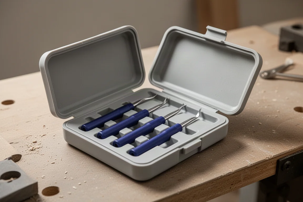 Storage case holding a set of four precision picks
