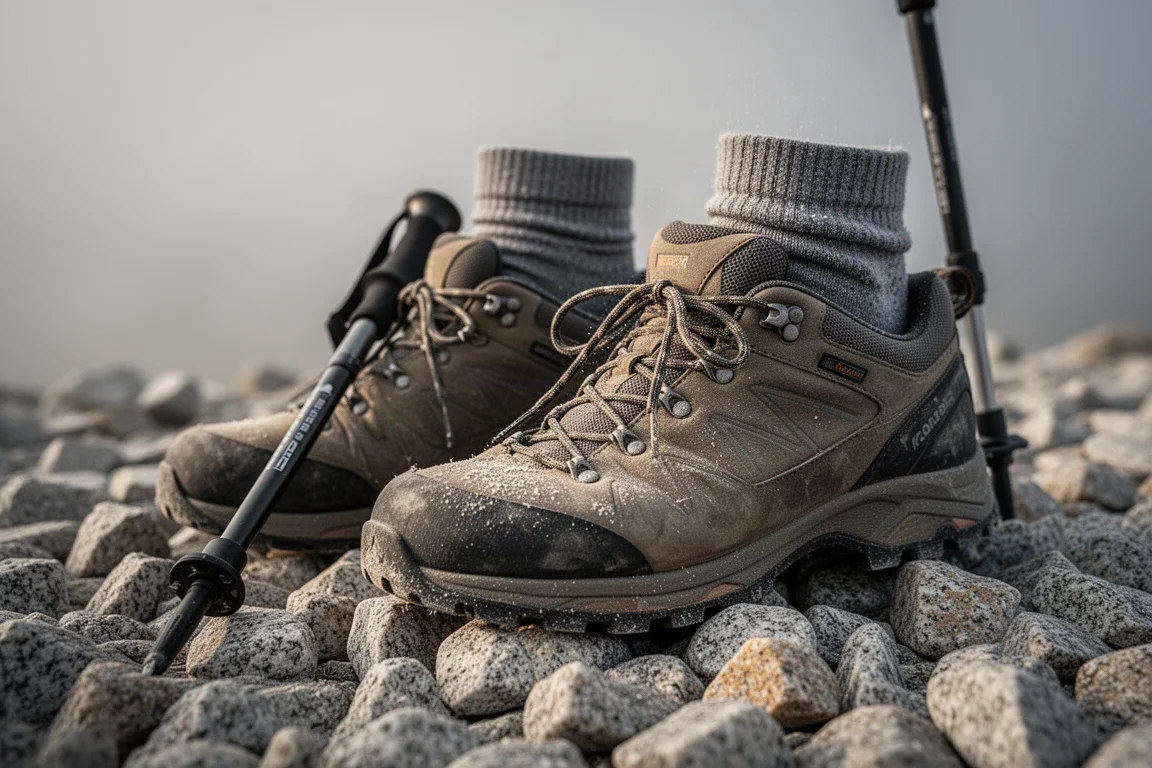 Staubige Wanderschuhe und Socken auf Granitkies neben einem Trekkingstock