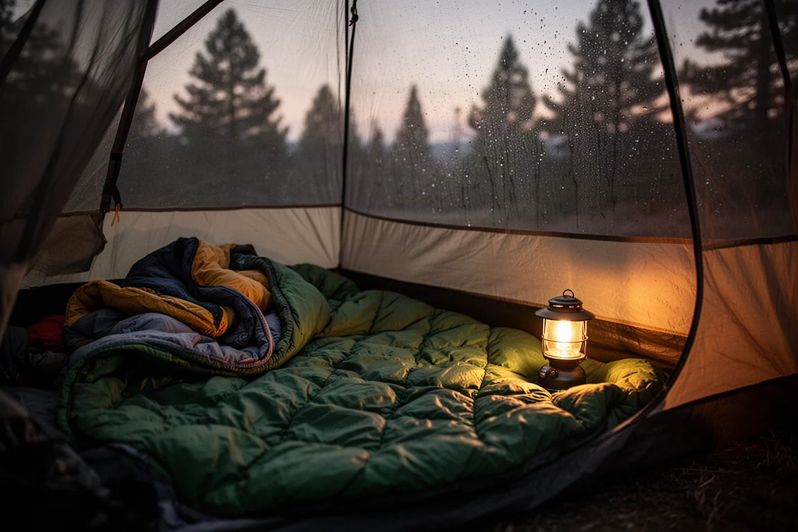 Mehrschichtige Wanderbekleidung und ein Quilt in einem Zelt, das in der Dämmerung von einer Campinglaterne beleuchtet wird