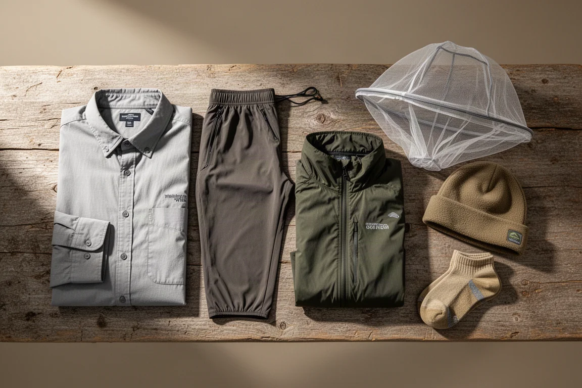 Lightweight thru-hiking clothing arranged in a flat lay on weathered wood