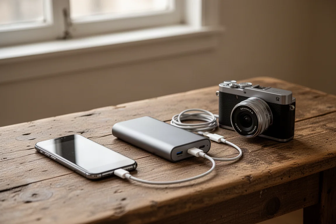 Kompakt powerbank som laddar en telefon och kamera på ett träbord i en ledstad