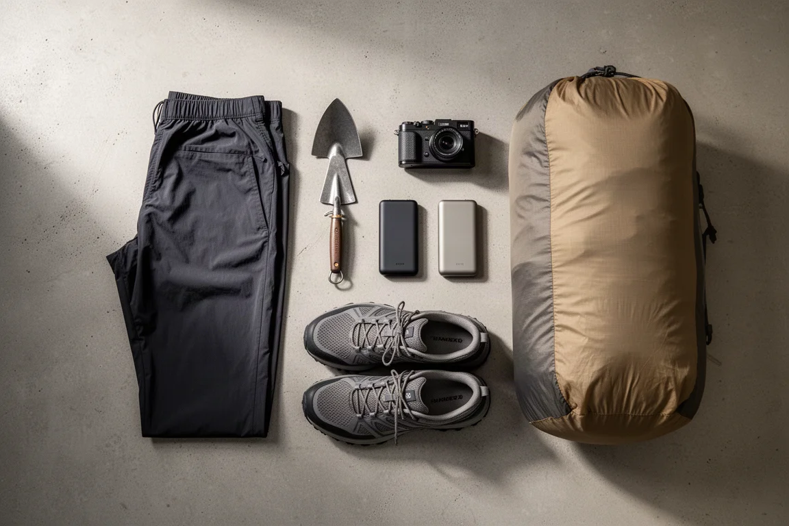 Ultralight backpacking gear flat-lay with wind pants, trowel, camera, power banks and trail shoes