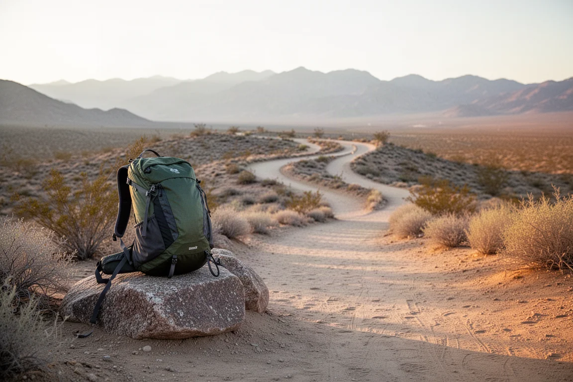 Sac à dos ultraléger sans armature posé sur un rocher de granite au bord d'un sentier désertique