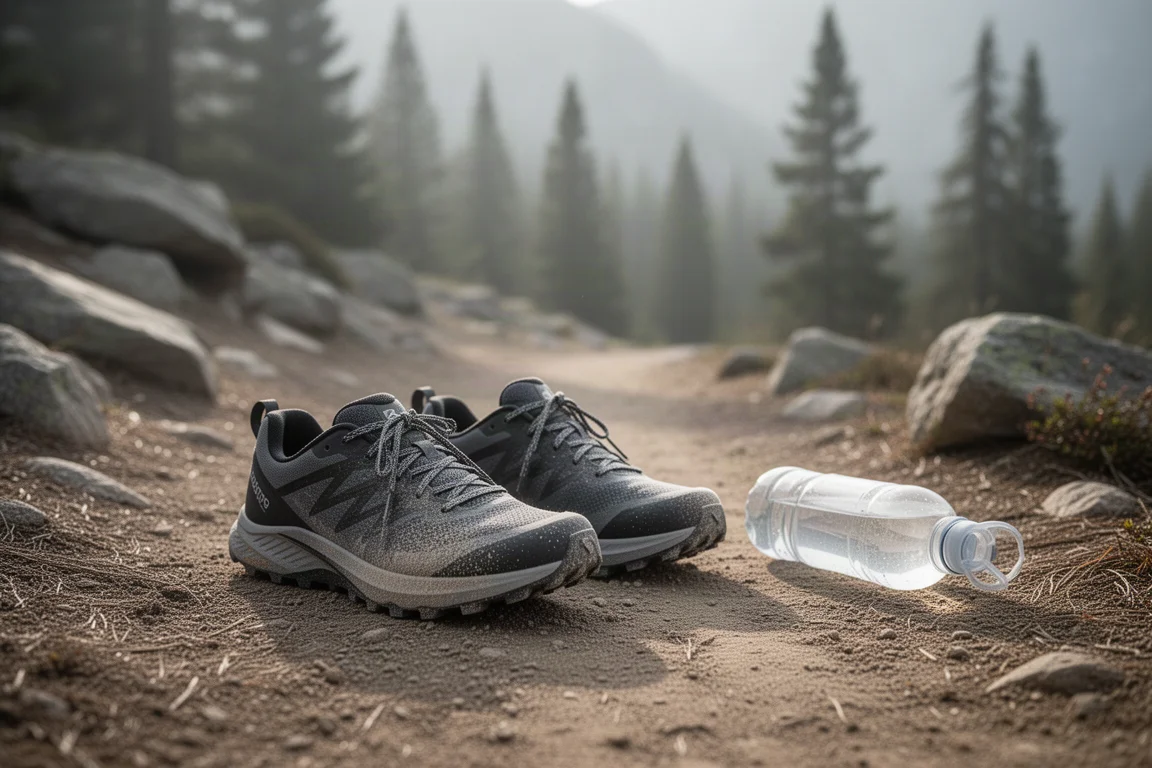 Chaussures de trail posées sur de la terre sèche près d'un sentier rocheux de montagne avec une gourde