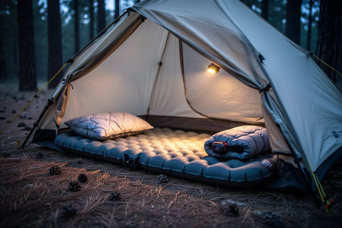 Matelas de sol et quilt à l'intérieur d'une tente basse à bâtons de marche au crépuscule