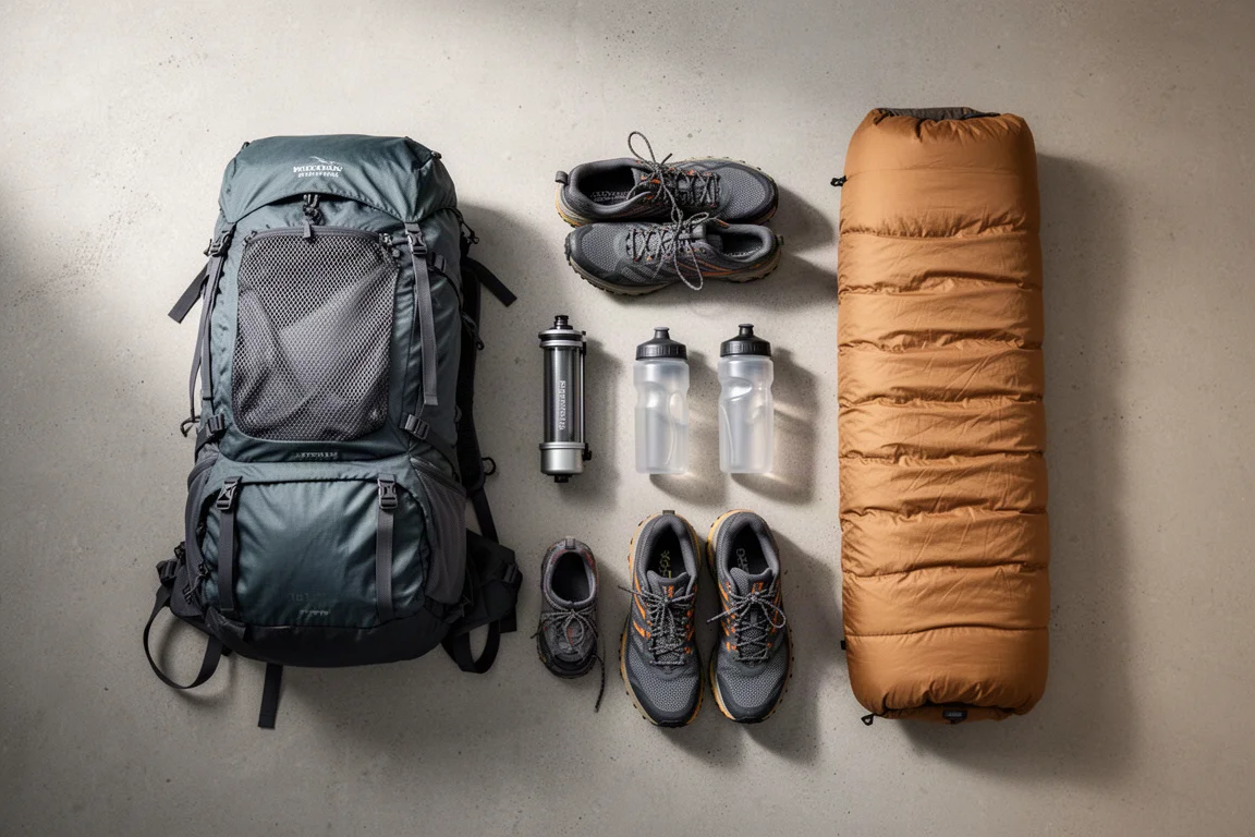 Flat-Lay von Backpacking-Ausrüstung mit rahmenlosem Rucksack, Wasserfilter, Schuhen, Quilt und Isomatte