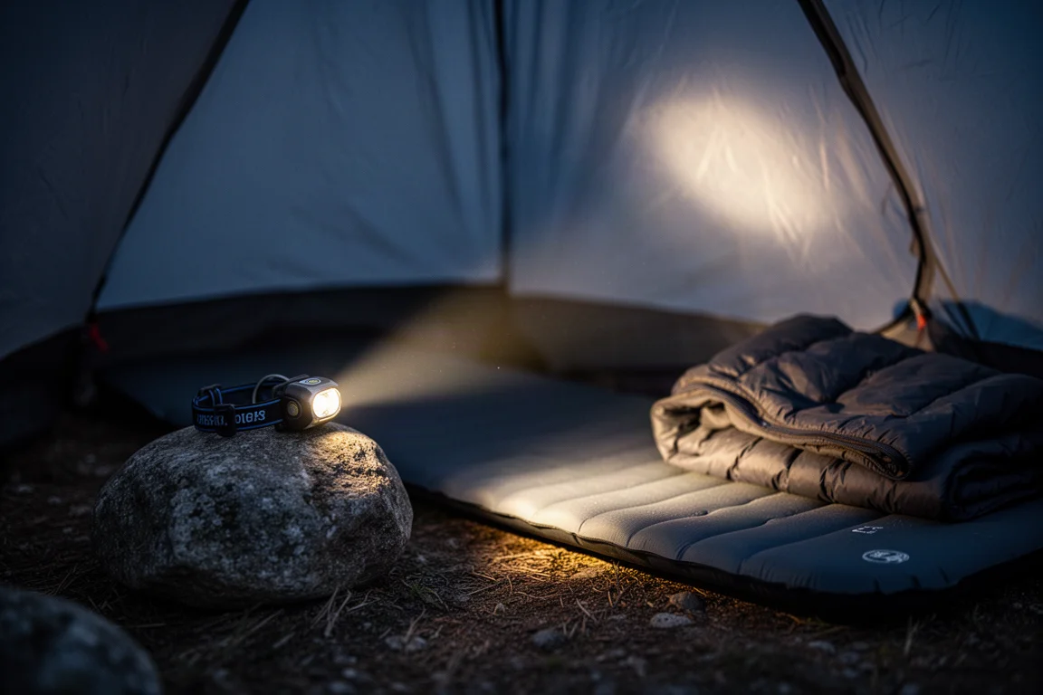 Petite lampe frontale projetant un faisceau chaud dans une tente sombre la nuit