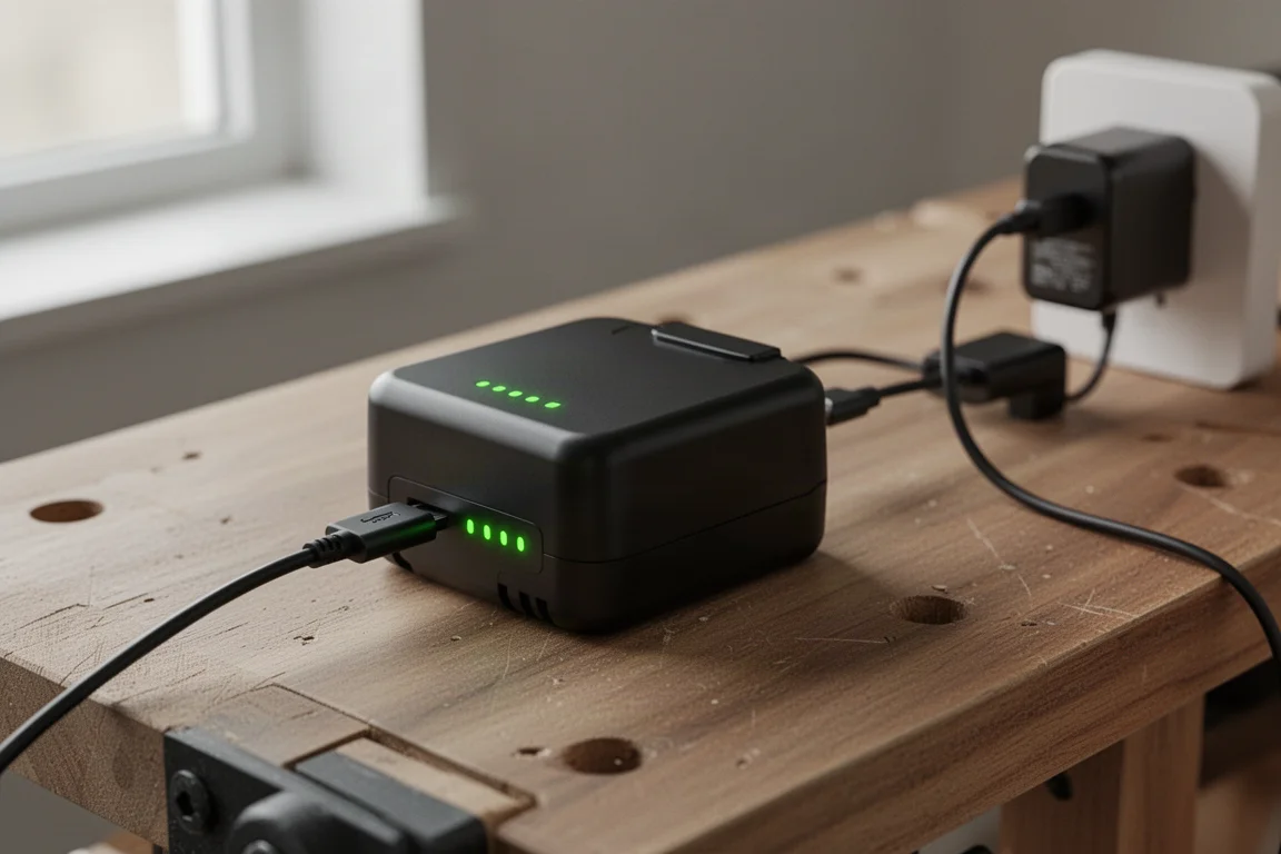 Universeller Akku für Elektrowerkzeuge, der über ein USB-C-Kabel von einem Wandadapter geladen wird