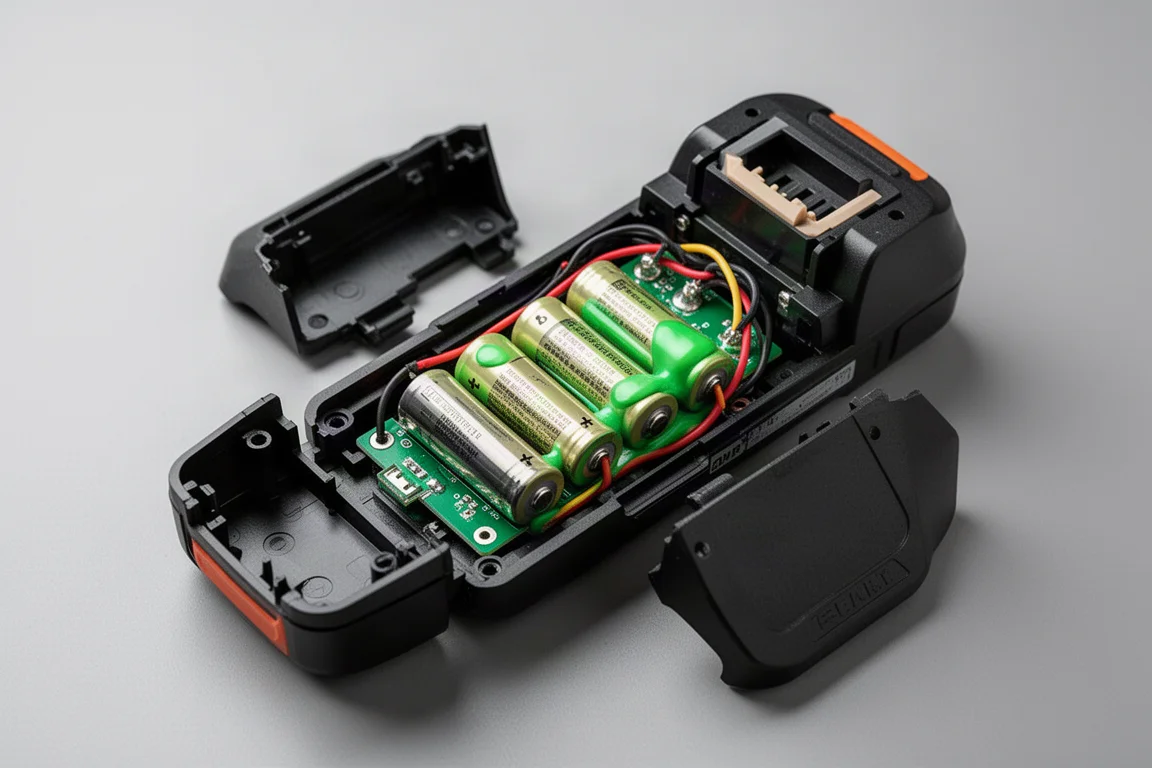 Zerlegte Ansicht von Lithium-Akkuzellen in einem geöffneten Akkupack