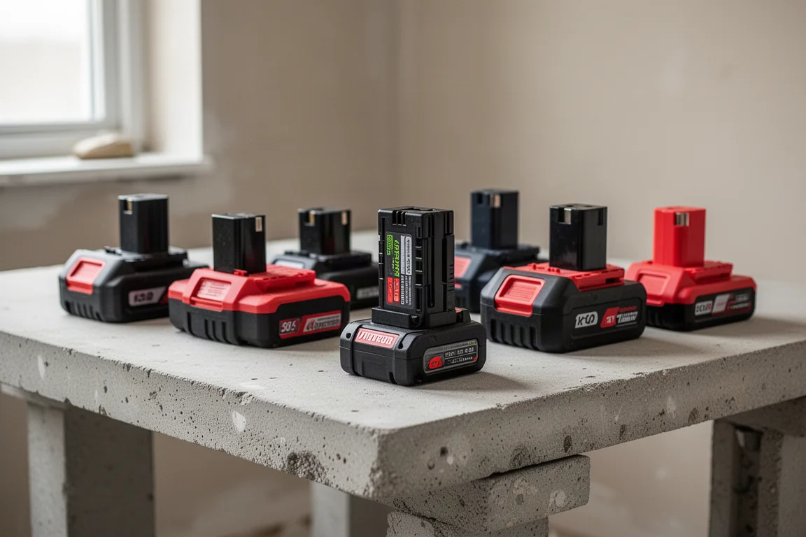 Werkbank voller Akkus für Elektrowerkzeuge verschiedener Marken