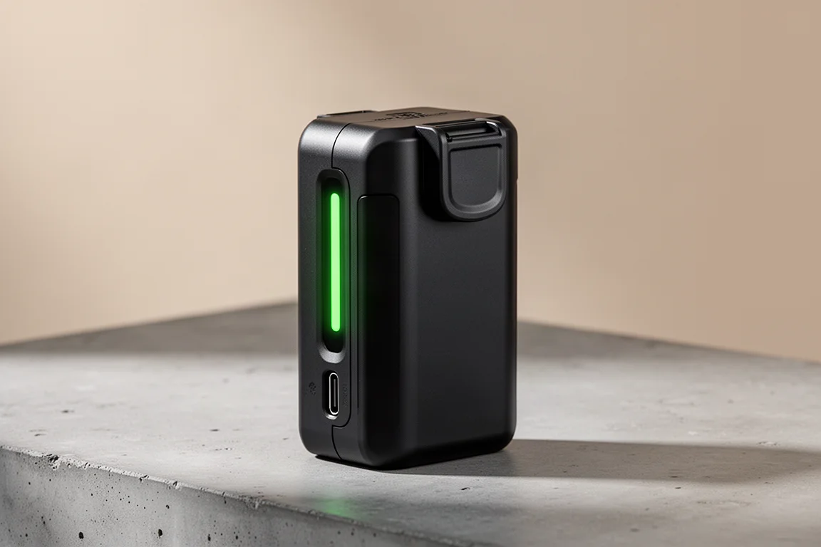 Matte black universal power tool battery pack with adapter cap on concrete surface