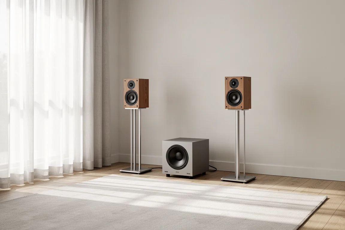 Stativhögtalare och en kompakt subwoofer i ett ljust vardagsrum
