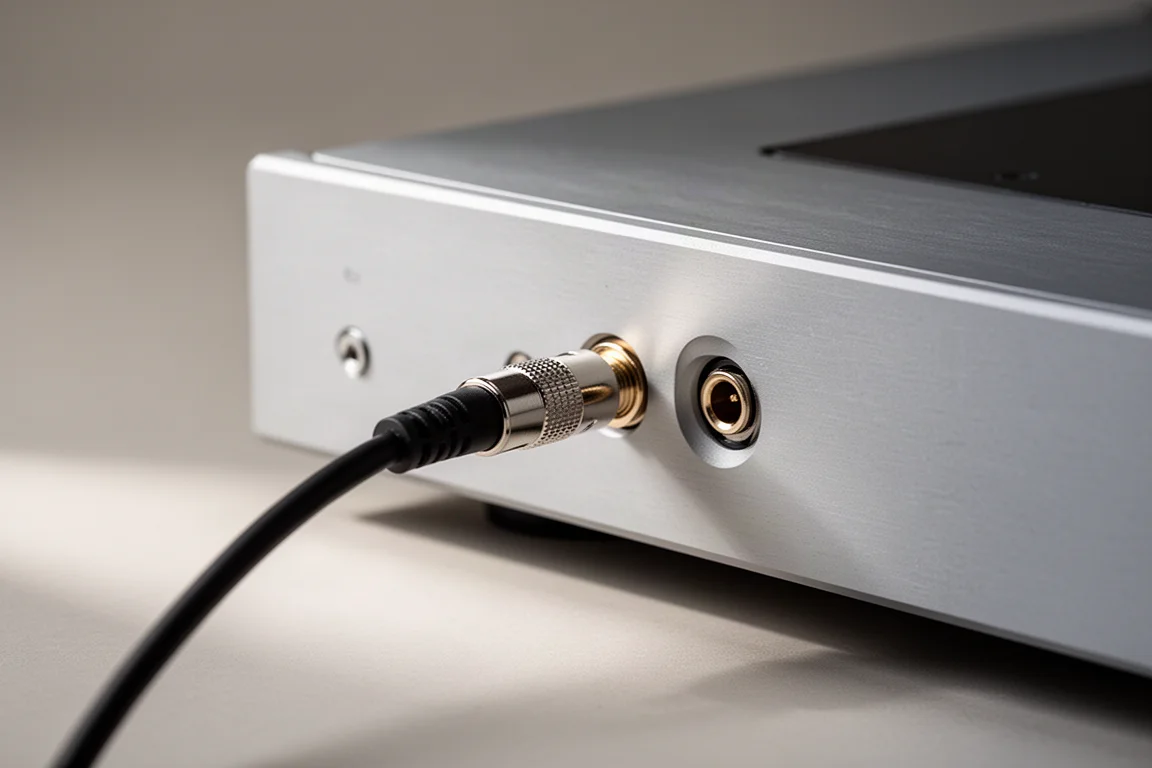 En enda koaxial digitalkabel ansluten till baksidan av en slimmad förstärkare