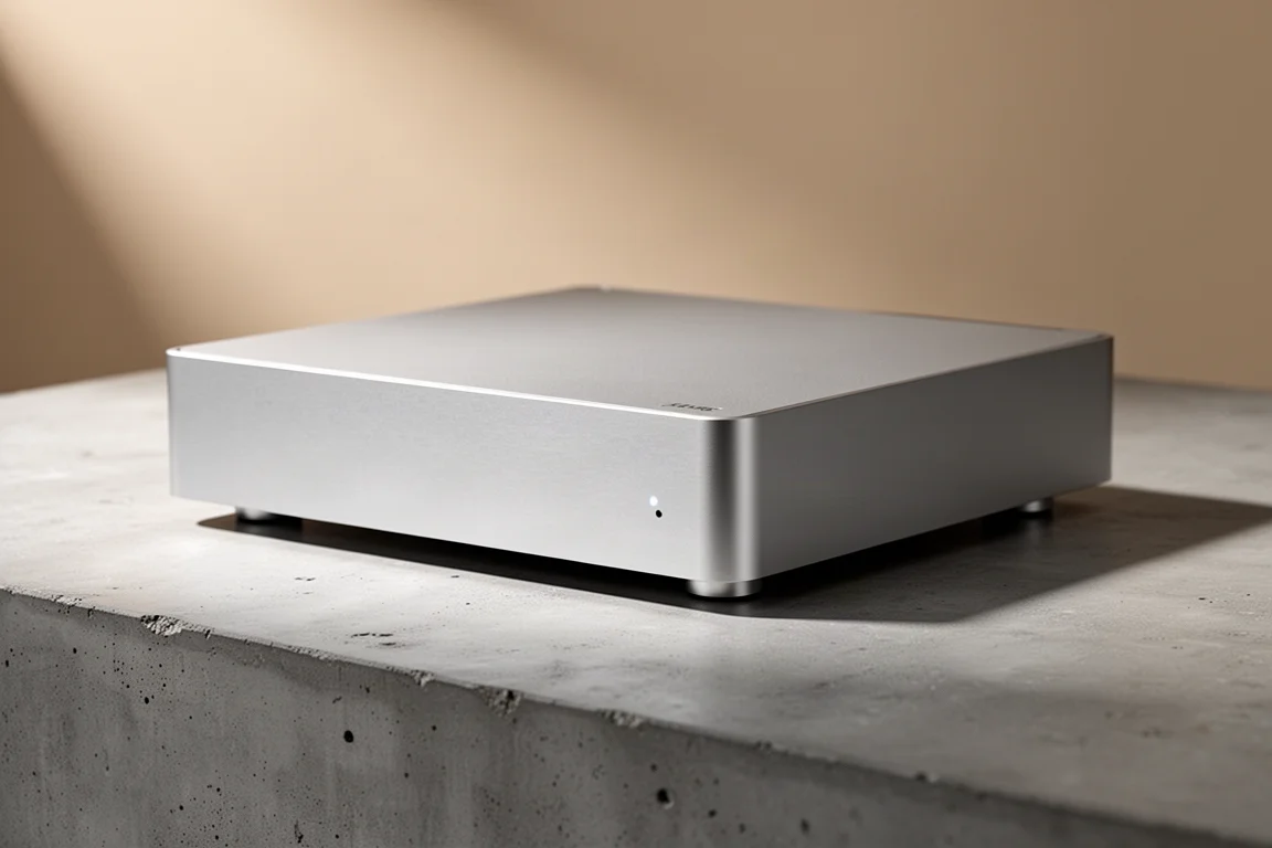 Compact aluminium power amplifier photographed at an angle on a concrete surface