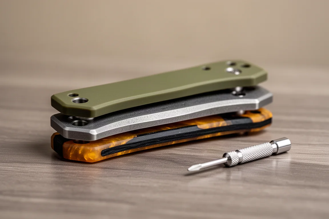Close-up of modular knife scale pieces stacked with tiny T6 screws