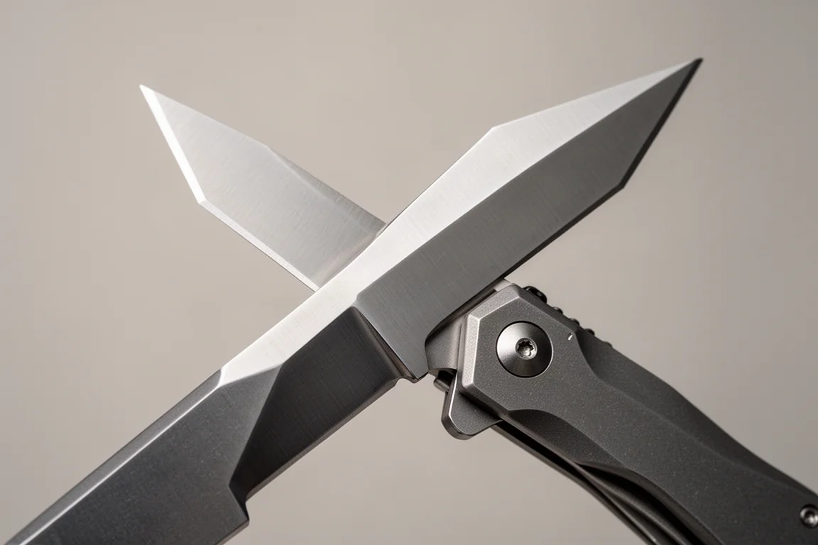 Angular tanto blade profile photographed against soft grey backdrop