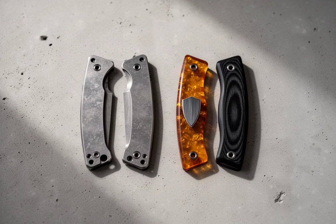 Two interchangeable knife scale sets side by side on a desk