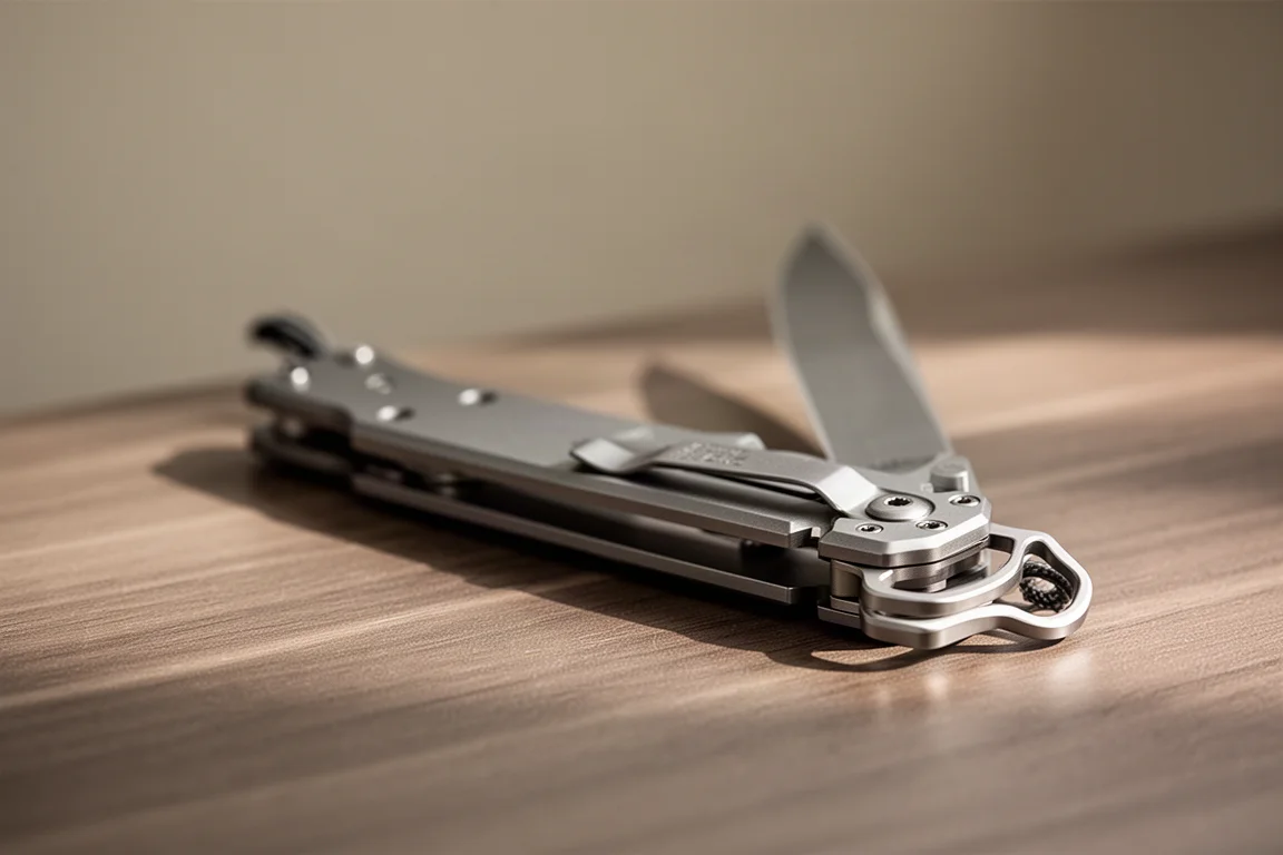 Open pocket knife resting on a table beside a lanyard hole detail
