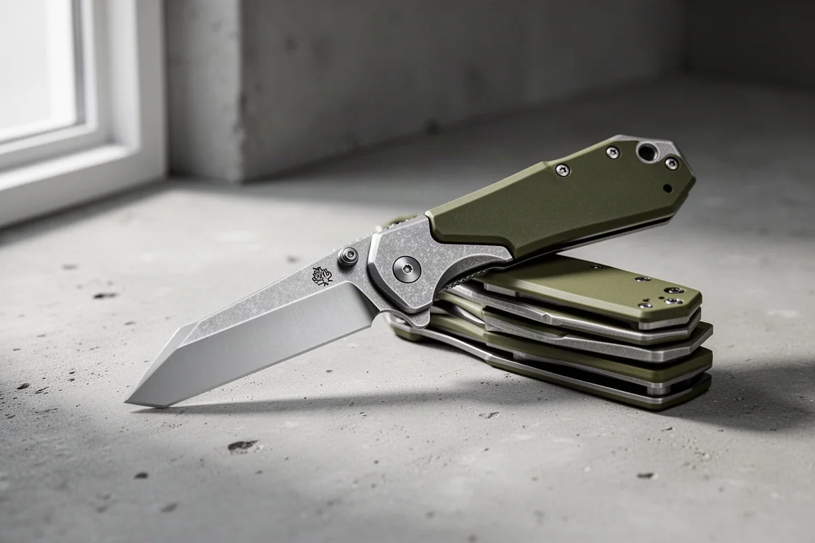 Coltello pieghevole Peachy Design Koma con lama tanto angolare e plastrimodulari sovrapposti su cemento