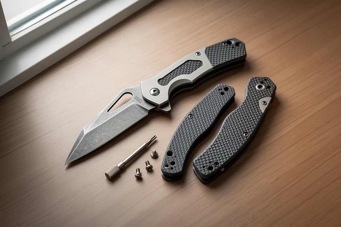 Couteau EDC modulaire avec châssis en titane et plaquettes FRN amovibles, disposé avec un petit tournevis Torx