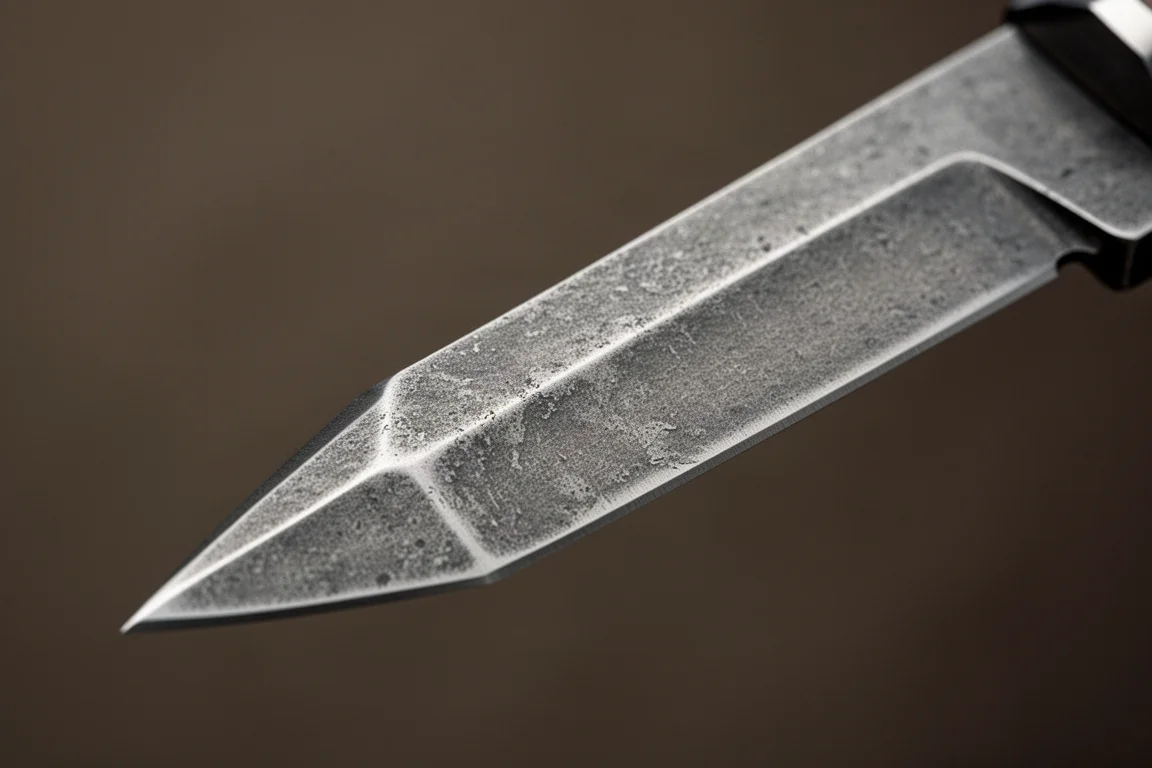 Détail de la lame VG10 finition stonewash montrant le profil plat inhabituel et la pointe fine