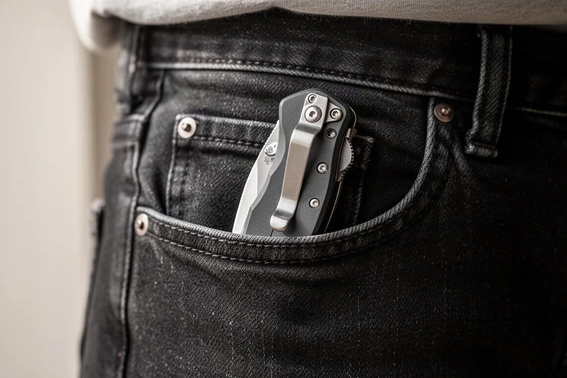 Couteau pliant avec clip de poche accroché à l'intérieur d'une poche de jean