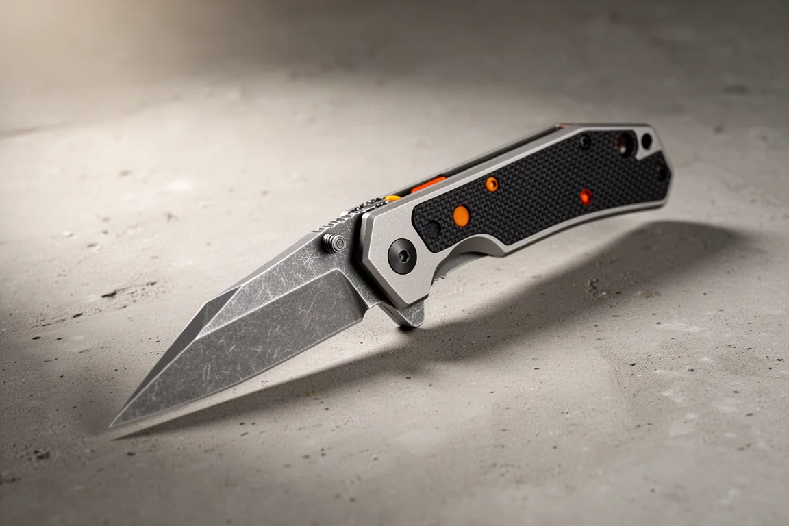 Modular titanium folding knife with unusual angular blade on a concrete surface